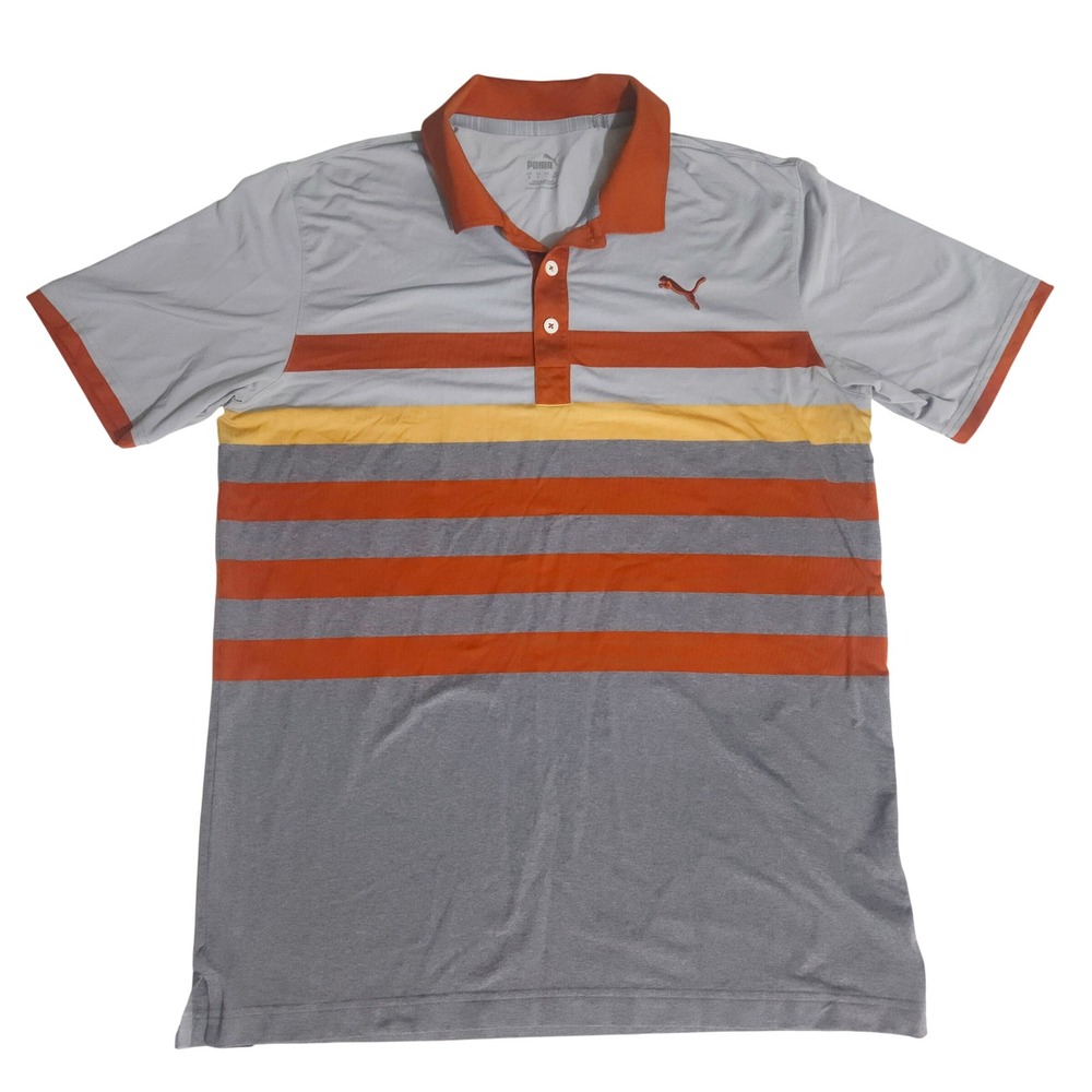 Puma Mens Golf Polo Shirt Medium Grey Orange Striped Colorblock Short Sleeve